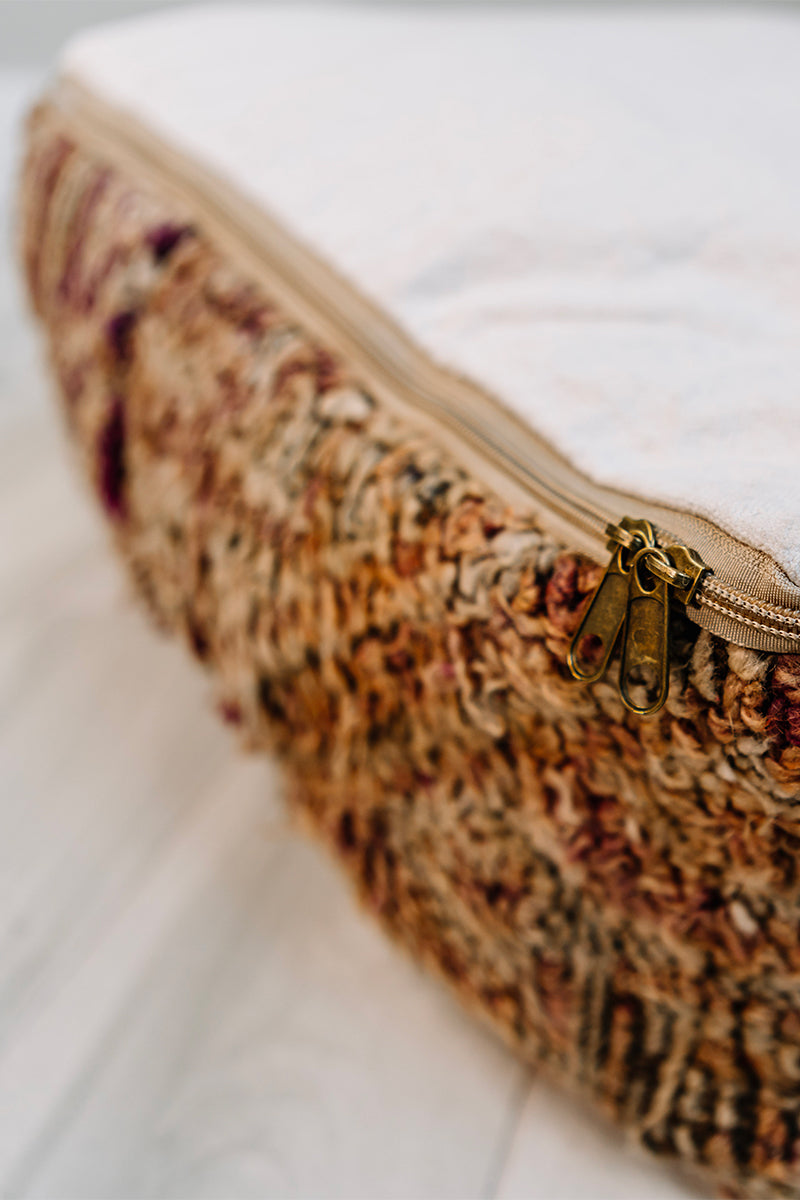 Magical Mystery Berber Pillow, 28x28 inches, handmade from vintage purple and brown wool rug, showcasing intricate patterns and vibrant colors.