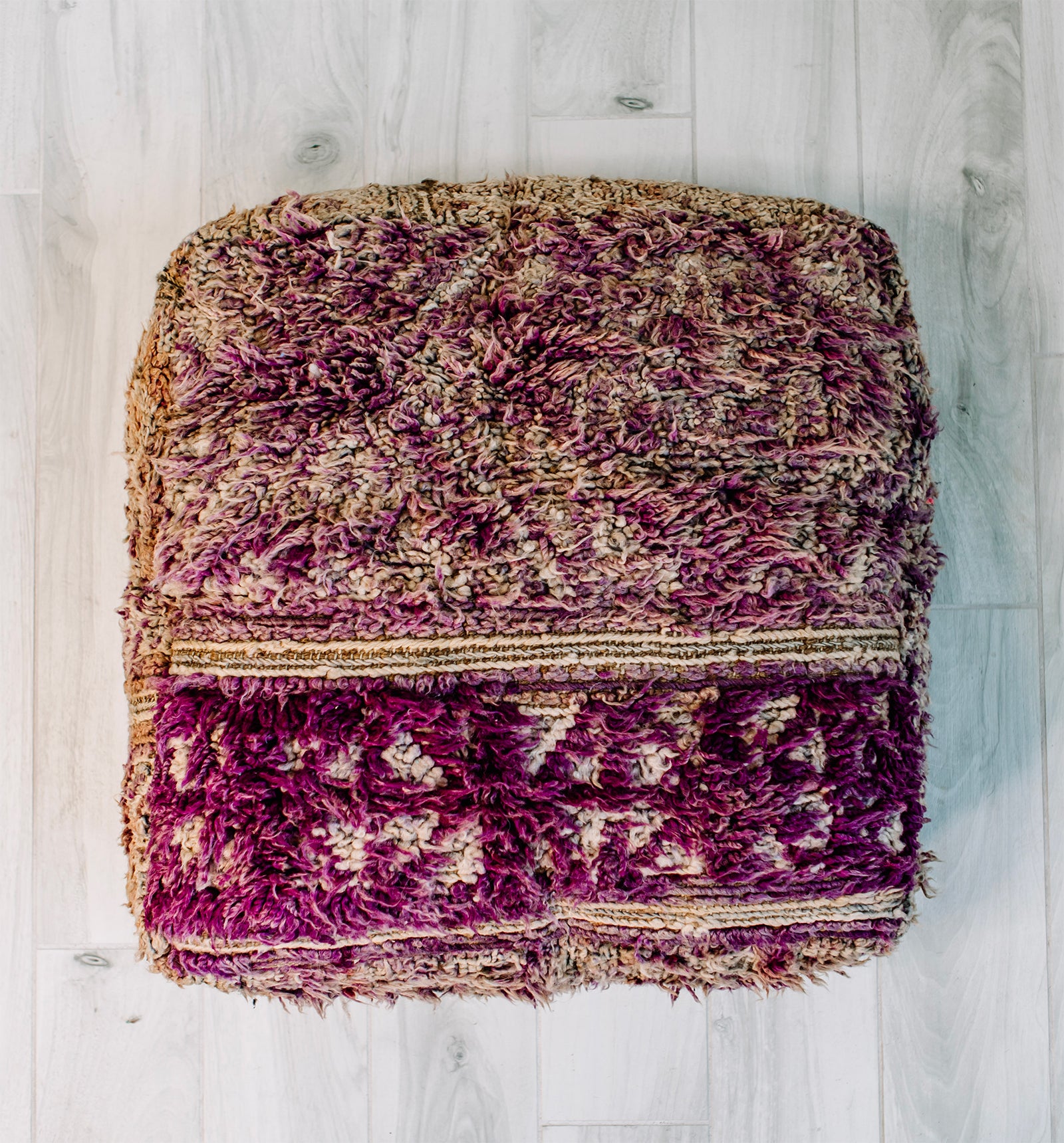 Magical Mystery Berber Pillow, 28x28 inches, handmade from vintage purple and brown wool rug, showcasing intricate patterns and vibrant colors.