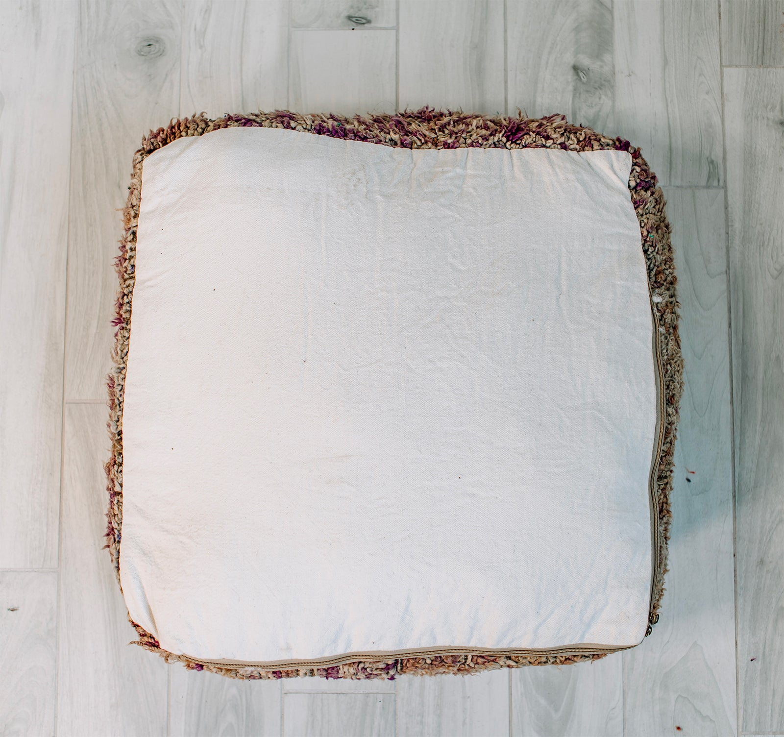 Magical Mystery Berber Pillow, 28x28 inches, handmade from vintage purple and brown wool rug, showcasing intricate patterns and vibrant colors.