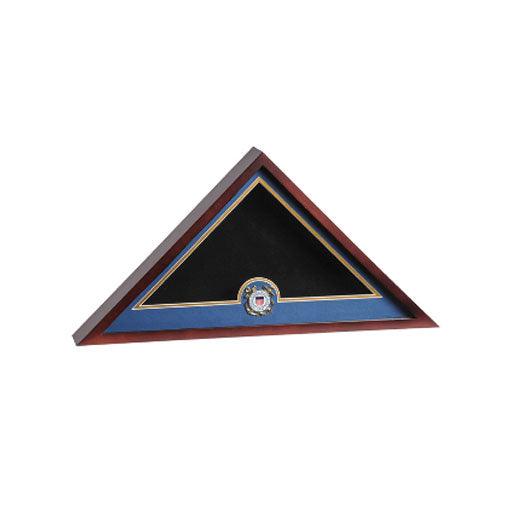 Elegant mahogany flag display case with glass front, showcasing a US flag and a detailed medallion.