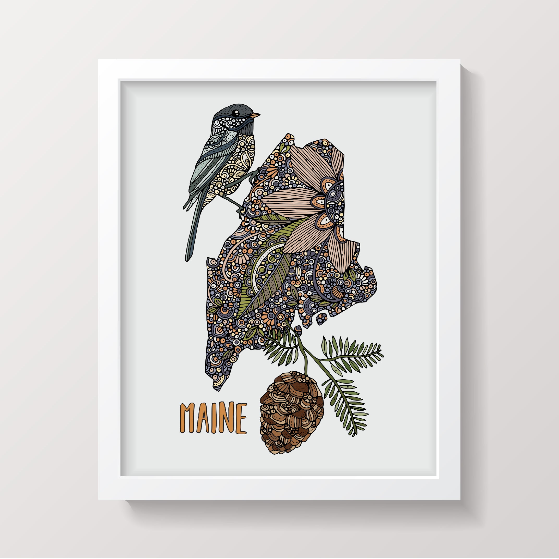 Maine State Map art print featuring the Chickadee bird and White Pine Cone flower, beautifully illustrated in pen and ink with digital coloring.