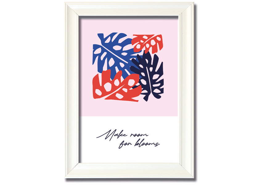 A vibrant floral framed print titled 'Make Room For Blooms', showcasing colorful flowers in a stylish frame.