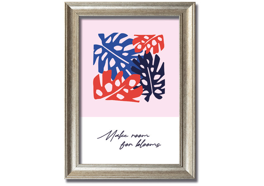 A vibrant floral framed print titled 'Make Room For Blooms', showcasing colorful flowers in a stylish frame.