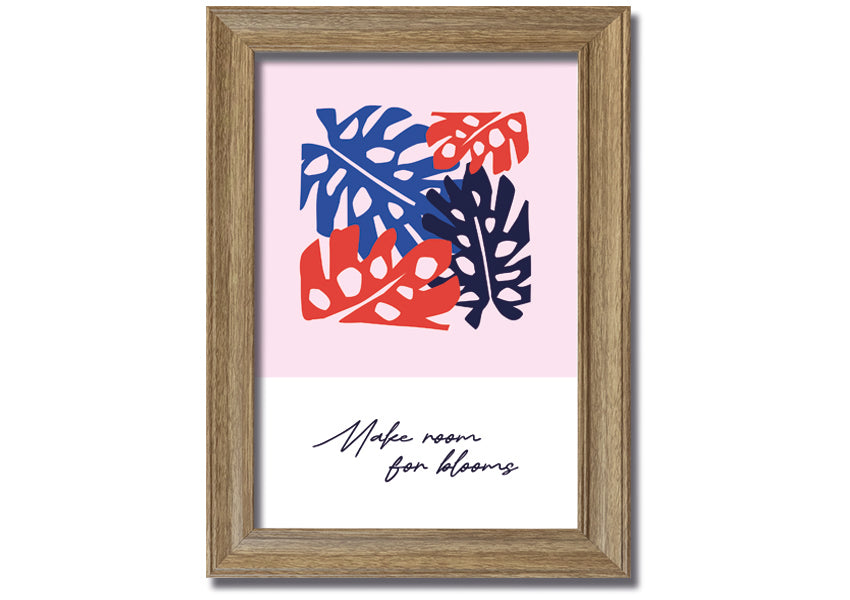 A vibrant floral framed print titled 'Make Room For Blooms', showcasing colorful flowers in a stylish frame.