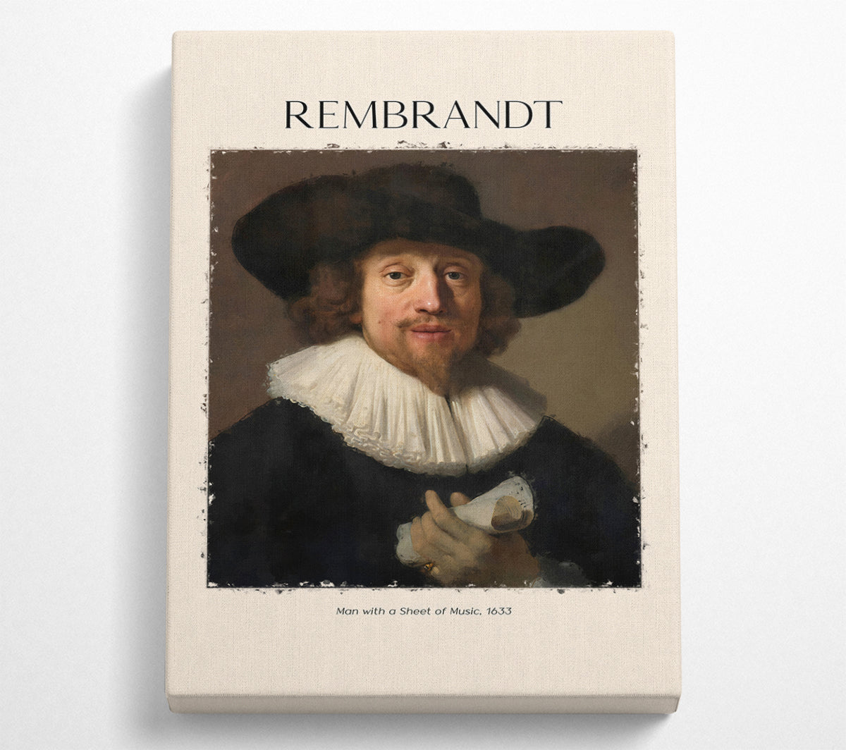 A detailed reproduction of Rembrandt's 'Man With A Sheet Of Music', printed on canvas and mounted on a box frame, showcasing vibrant colors and intricate details.