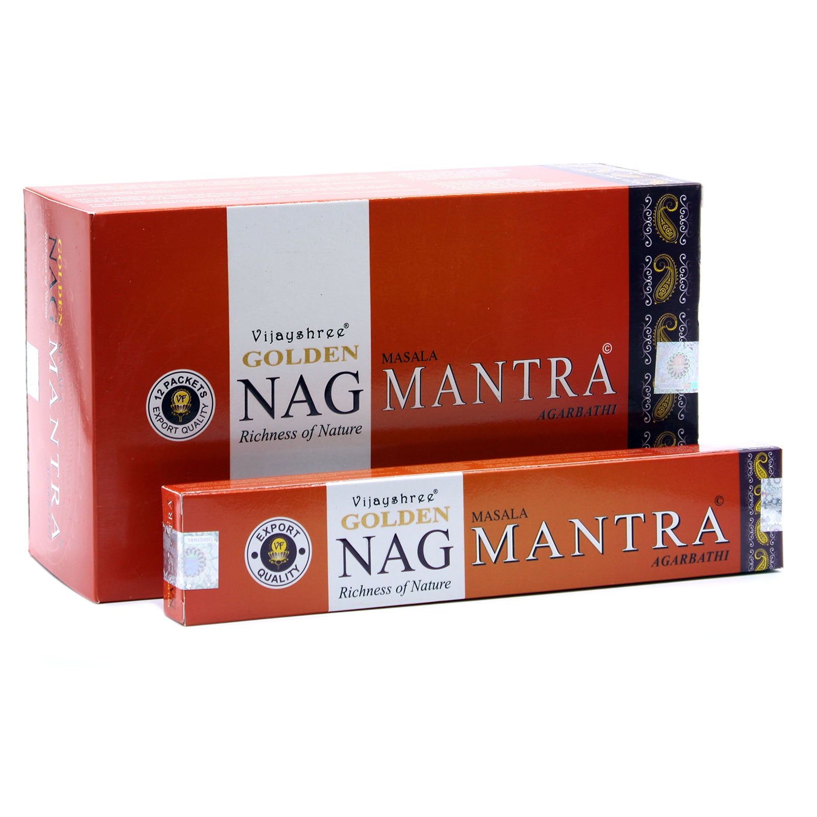 Mantra Genuine Golden Nag incense sticks in a decorative holder, showcasing their elegant design and rich aroma.