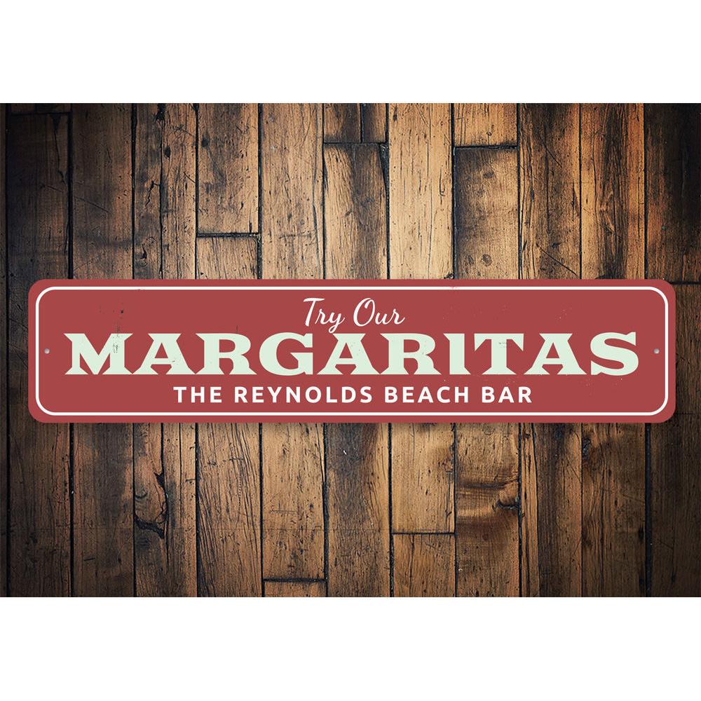 Margarita Beach Bar Sign made of high-quality aluminum, featuring vibrant colors and customizable text, perfect for home decor.