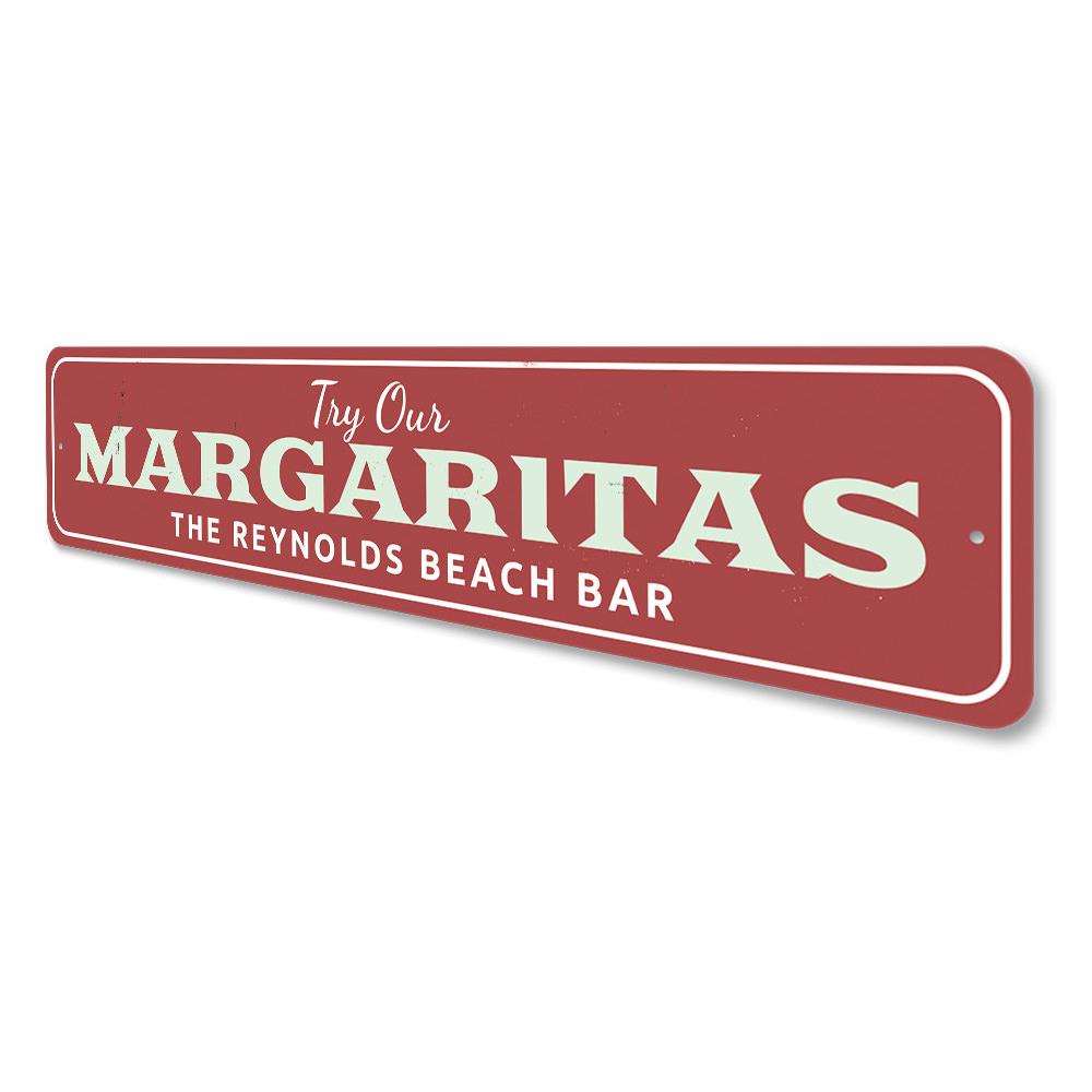 Margarita Beach Bar Sign made of high-quality aluminum, featuring vibrant colors and customizable text, perfect for home decor.