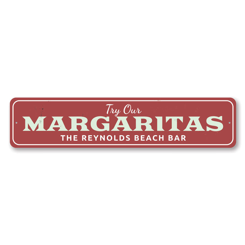 Margarita Beach Bar Sign made of high-quality aluminum, featuring vibrant colors and customizable text, perfect for home decor.