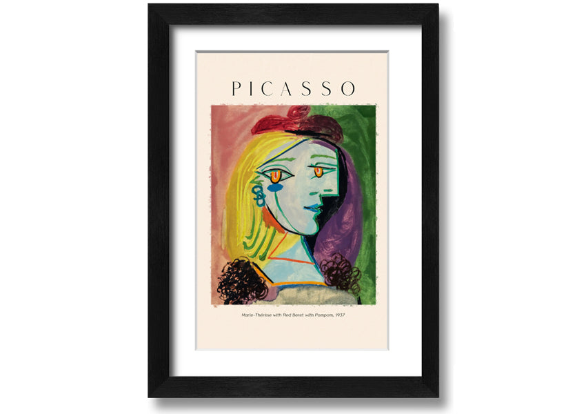 A vibrant canvas print of Picasso's Marie-Thérèse with a red beret and pompom, mounted on a box frame.