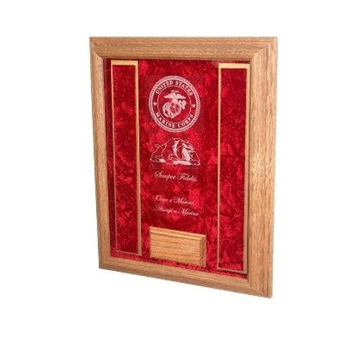 Marine Corps Awards Display Case showcasing medals and personalized engraving, crafted from solid oak or walnut.