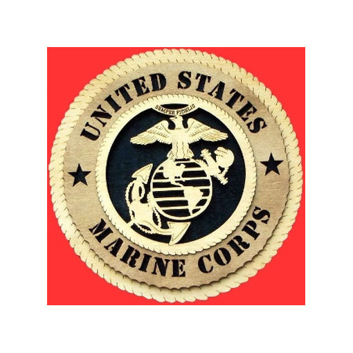 Handmade 12-inch Marine Wall Tribute plaque featuring a 3D design with the United States Marine emblem, stained in Early American hue.