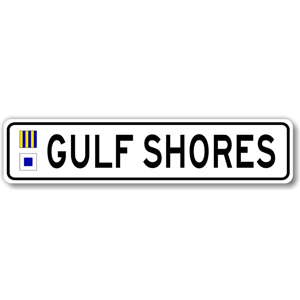 A decorative Maritime Flag Sign made from high-quality aluminum, featuring customizable text and pre-drilled holes for easy mounting.