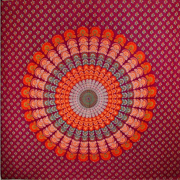 A beautiful maroon tapestry featuring a peacock dance mandala design, showcasing vibrant colors and intricate patterns, perfect for home decor.