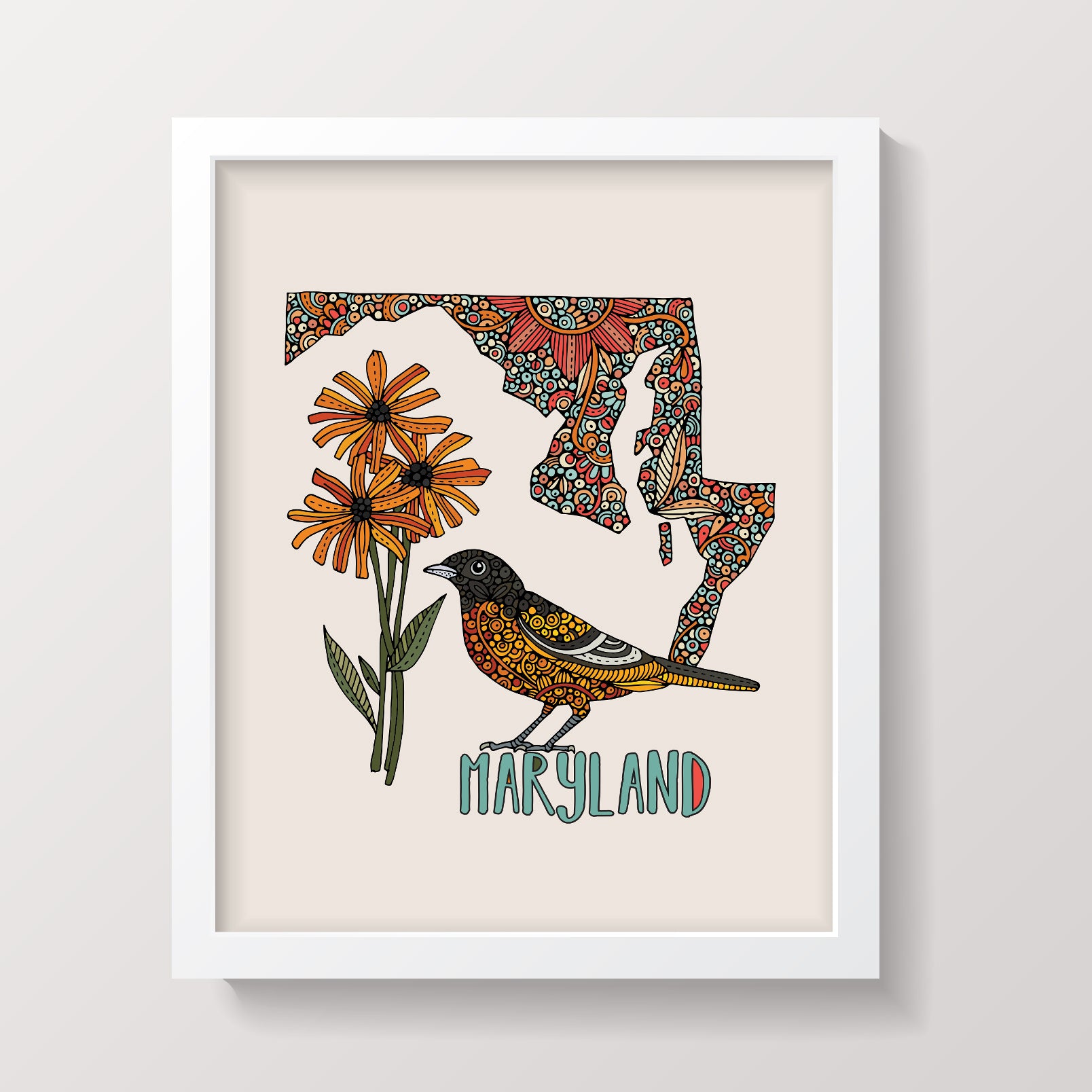 Maryland State Map art print featuring the Western Baltimore Oriole and Black-Eyed Susan, showcasing vibrant colors and intricate details.