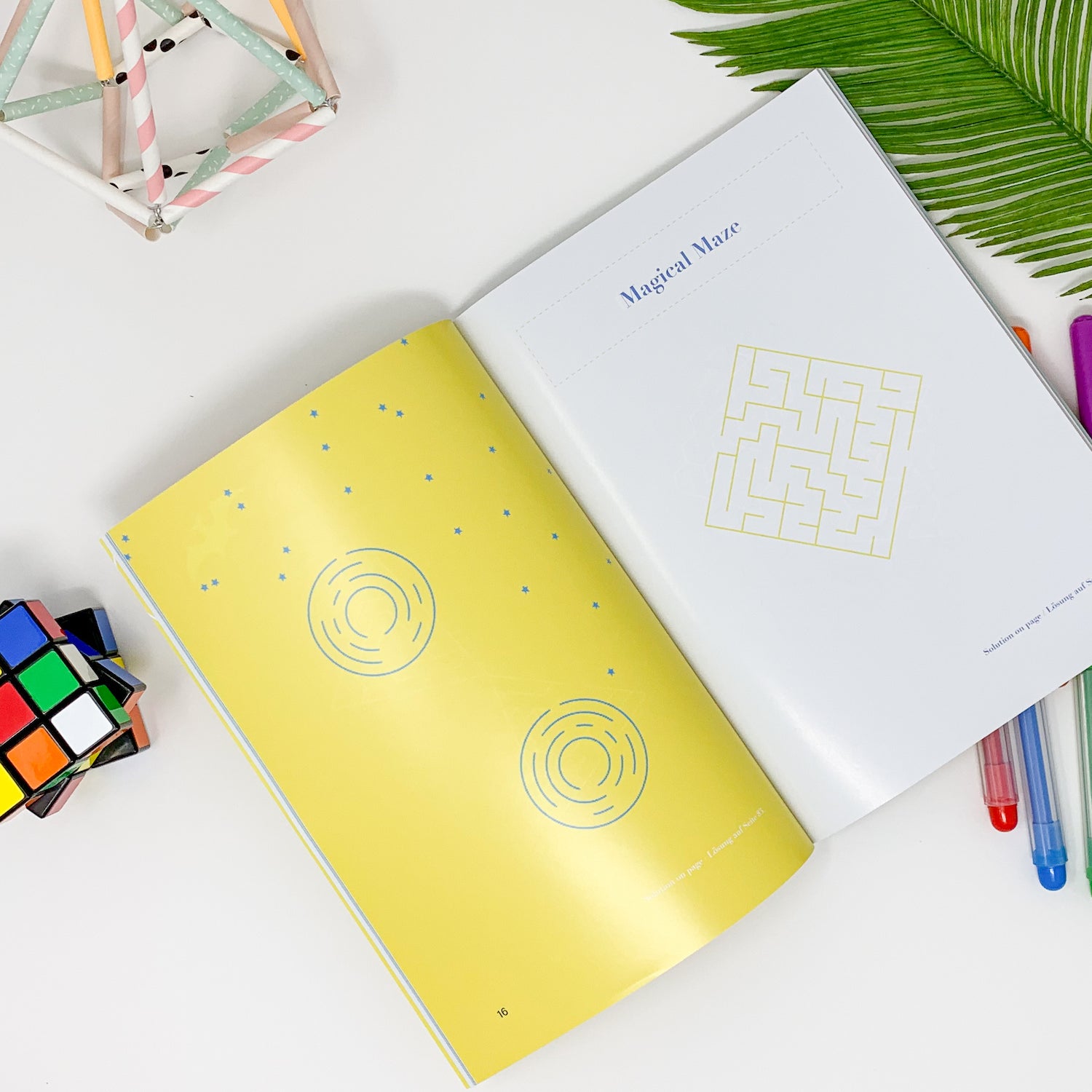 A colorful maze book titled 'Maze Mania' featuring various maze designs suitable for children aged 4-6.