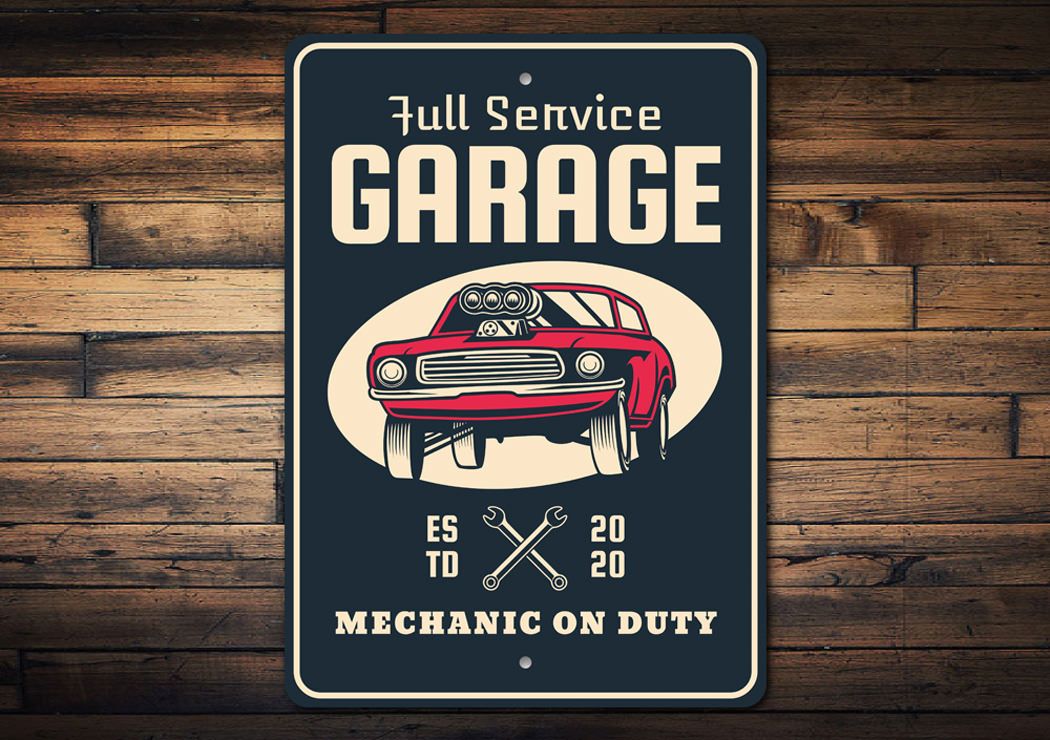 Mechanic on Duty Established Date Garage Sign made of durable aluminum, featuring customizable text and pre-drilled holes for easy mounting.