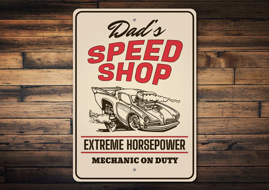 Mechanic on Duty Speed Shop Sign made of high-quality aluminum, featuring customizable text and pre-drilled holes for easy mounting.