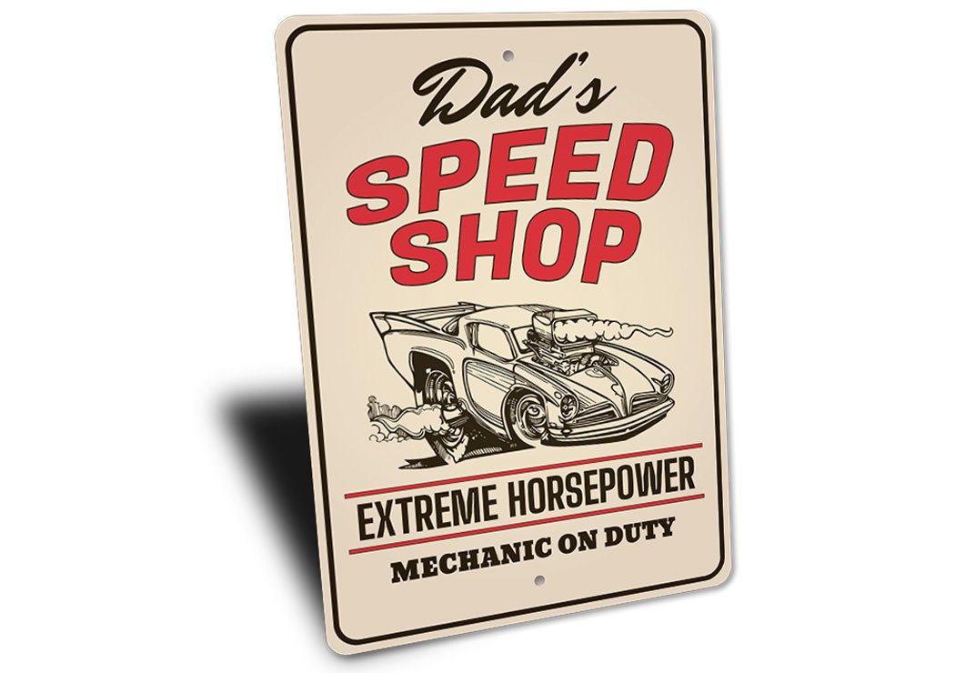 Mechanic on Duty Speed Shop Sign made of high-quality aluminum, featuring customizable text and pre-drilled holes for easy mounting.