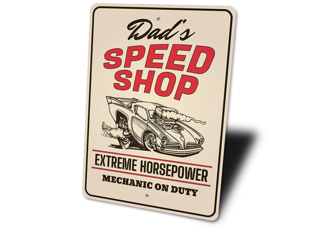 Mechanic on Duty Speed Shop Sign made of high-quality aluminum, featuring customizable text and pre-drilled holes for easy mounting.
