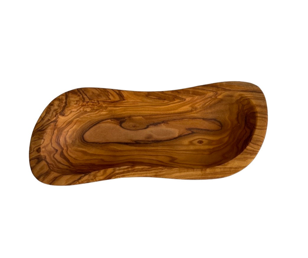 Mediterranean Olive Wood Multi-Purpose Bowl showcasing unique wavy shape and natural wood grain patterns.