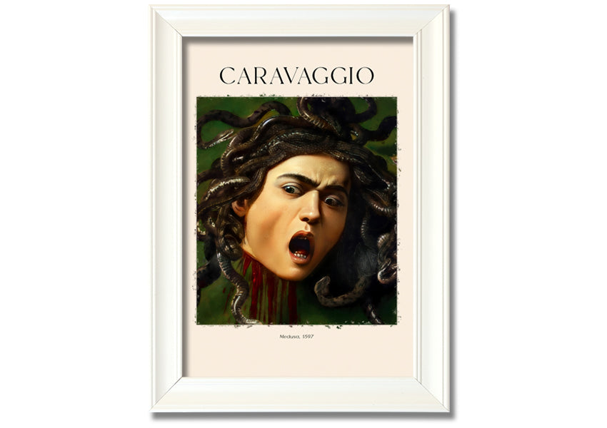 Medusa, 1597 by Caravaggio, a vibrant canvas print mounted on a box frame, showcasing intricate details and colors.