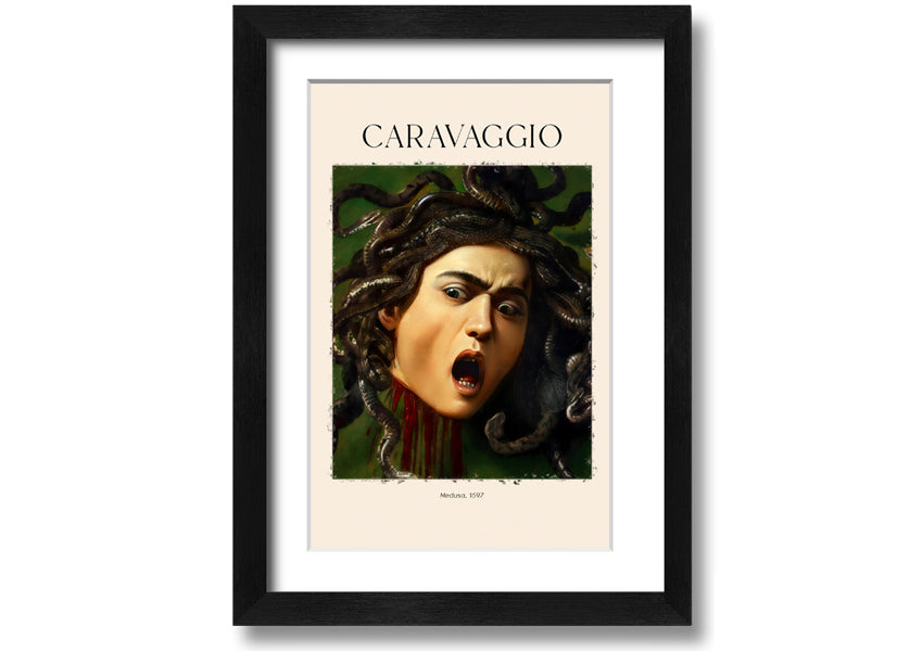 Medusa, 1597 by Caravaggio, a vibrant canvas print mounted on a box frame, showcasing intricate details and colors.