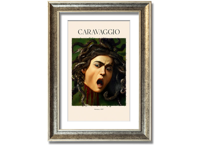 Medusa, 1597 by Caravaggio, a vibrant canvas print mounted on a box frame, showcasing intricate details and colors.