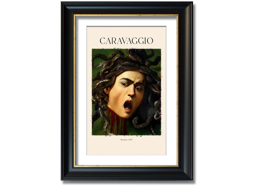 Medusa, 1597 by Caravaggio, a vibrant canvas print mounted on a box frame, showcasing intricate details and colors.