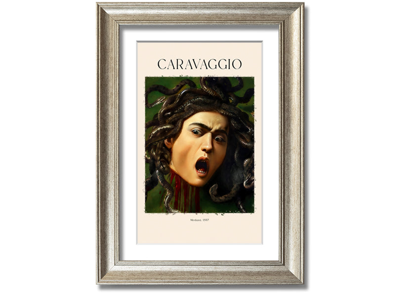 Medusa, 1597 by Caravaggio, a vibrant canvas print mounted on a box frame, showcasing intricate details and colors.
