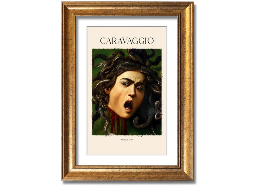 Medusa, 1597 by Caravaggio, a vibrant canvas print mounted on a box frame, showcasing intricate details and colors.