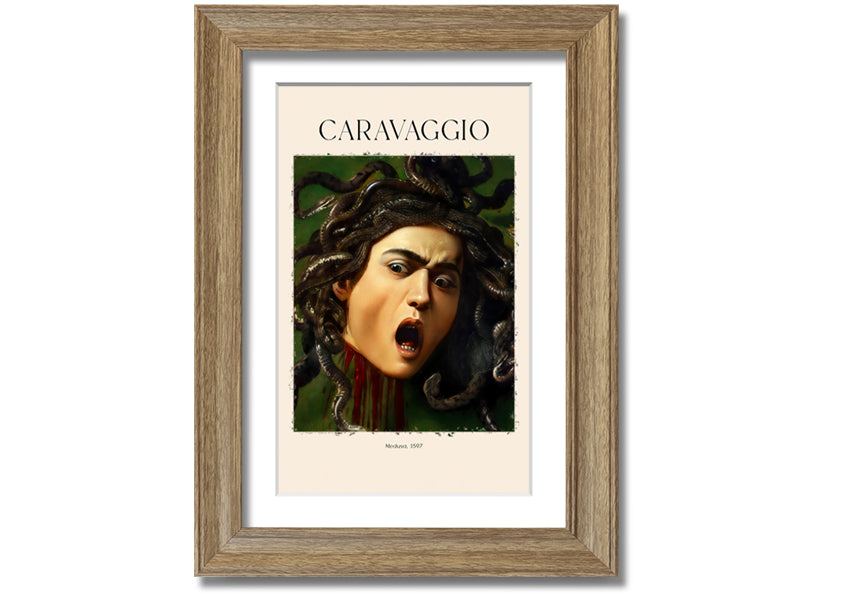 Medusa, 1597 by Caravaggio, a vibrant canvas print mounted on a box frame, showcasing intricate details and colors.