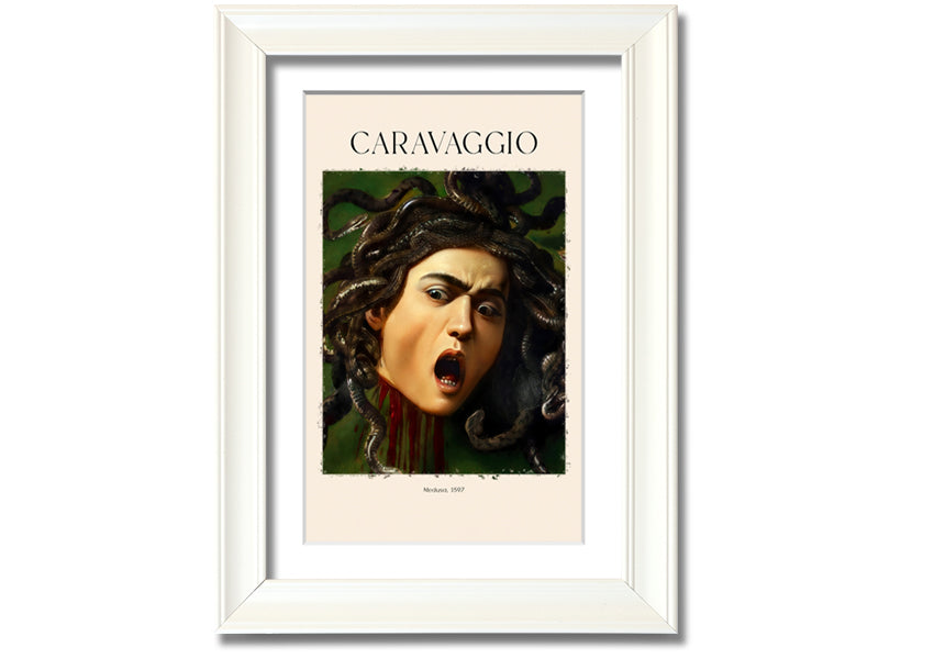 Medusa, 1597 by Caravaggio, a vibrant canvas print mounted on a box frame, showcasing intricate details and colors.
