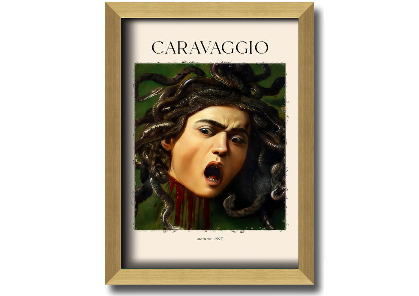 Medusa, 1597 by Caravaggio, a vibrant canvas print mounted on a box frame, showcasing intricate details and colors.