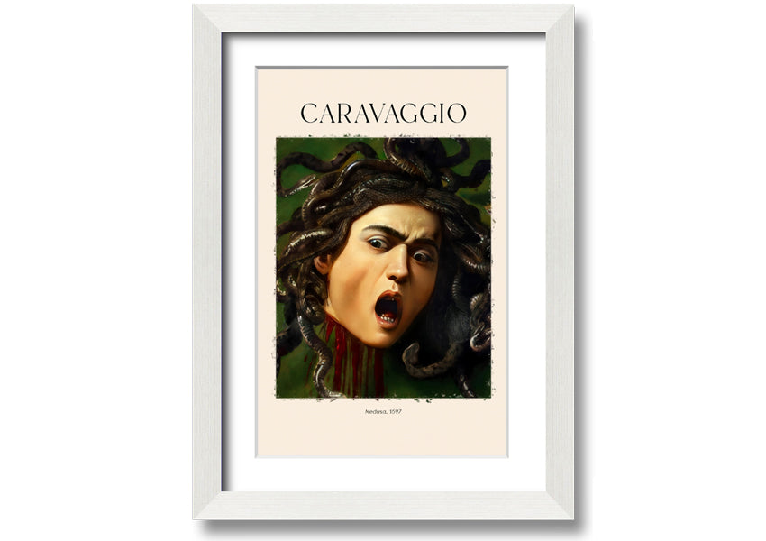 Medusa, 1597 by Caravaggio, a vibrant canvas print mounted on a box frame, showcasing intricate details and colors.