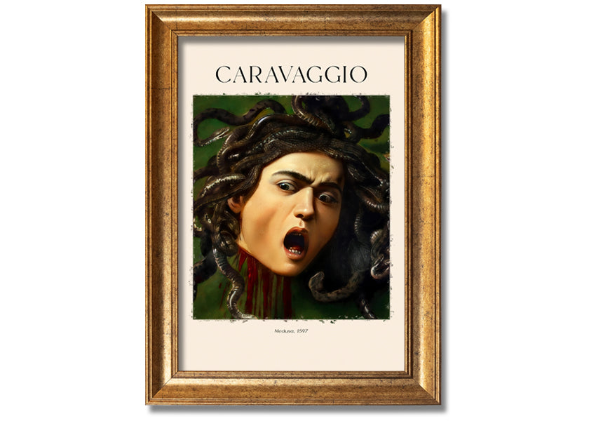 Medusa, 1597 by Caravaggio, a vibrant canvas print mounted on a box frame, showcasing intricate details and colors.