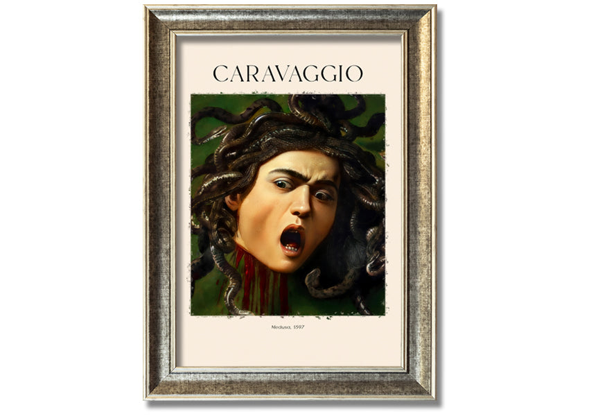 Medusa, 1597 by Caravaggio, a vibrant canvas print mounted on a box frame, showcasing intricate details and colors.