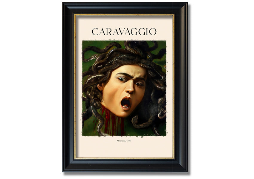 Medusa, 1597 by Caravaggio, a vibrant canvas print mounted on a box frame, showcasing intricate details and colors.