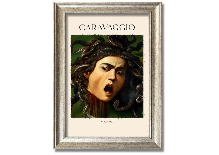 Medusa, 1597 by Caravaggio, a vibrant canvas print mounted on a box frame, showcasing intricate details and colors.