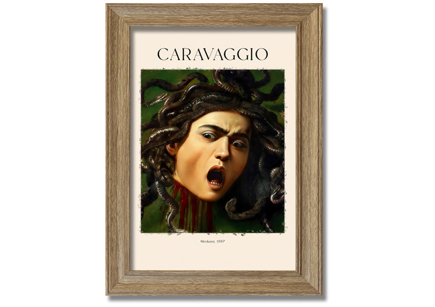 Medusa, 1597 by Caravaggio, a vibrant canvas print mounted on a box frame, showcasing intricate details and colors.