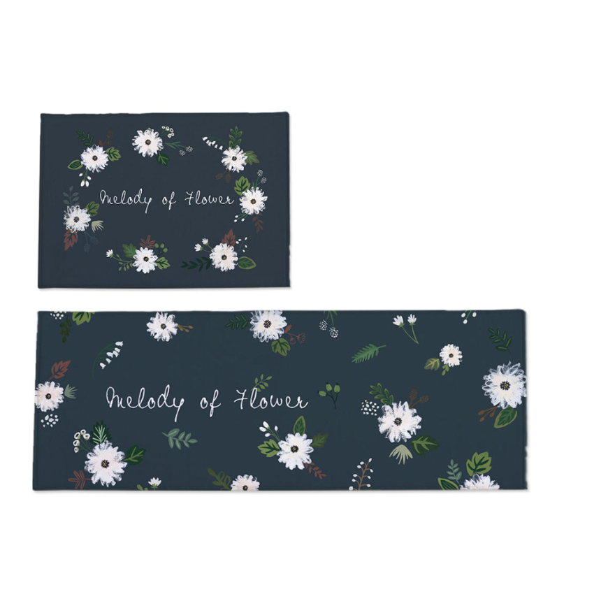 Melody Flower floor and kitchen mats featuring a vibrant floral design, soft microfiber material, and non-slip backing.