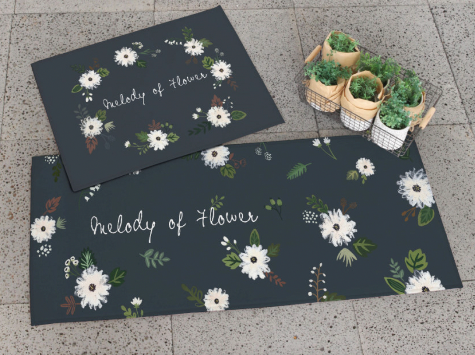 Melody Flower floor and kitchen mats featuring a vibrant floral design, soft microfiber material, and non-slip backing.