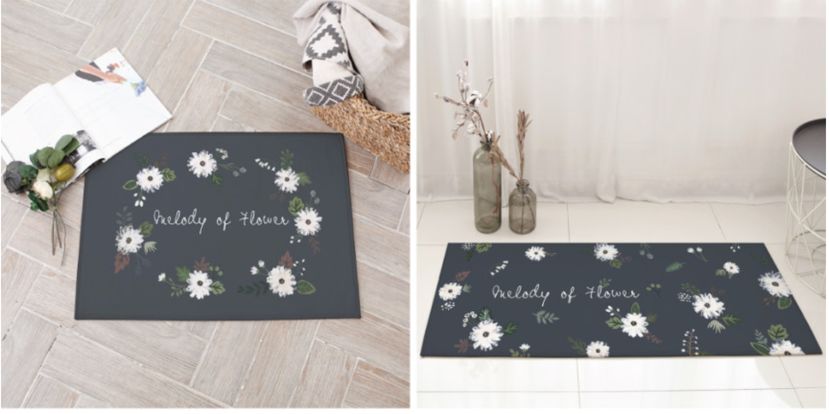 Melody Flower floor and kitchen mats featuring a vibrant floral design, soft microfiber material, and non-slip backing.