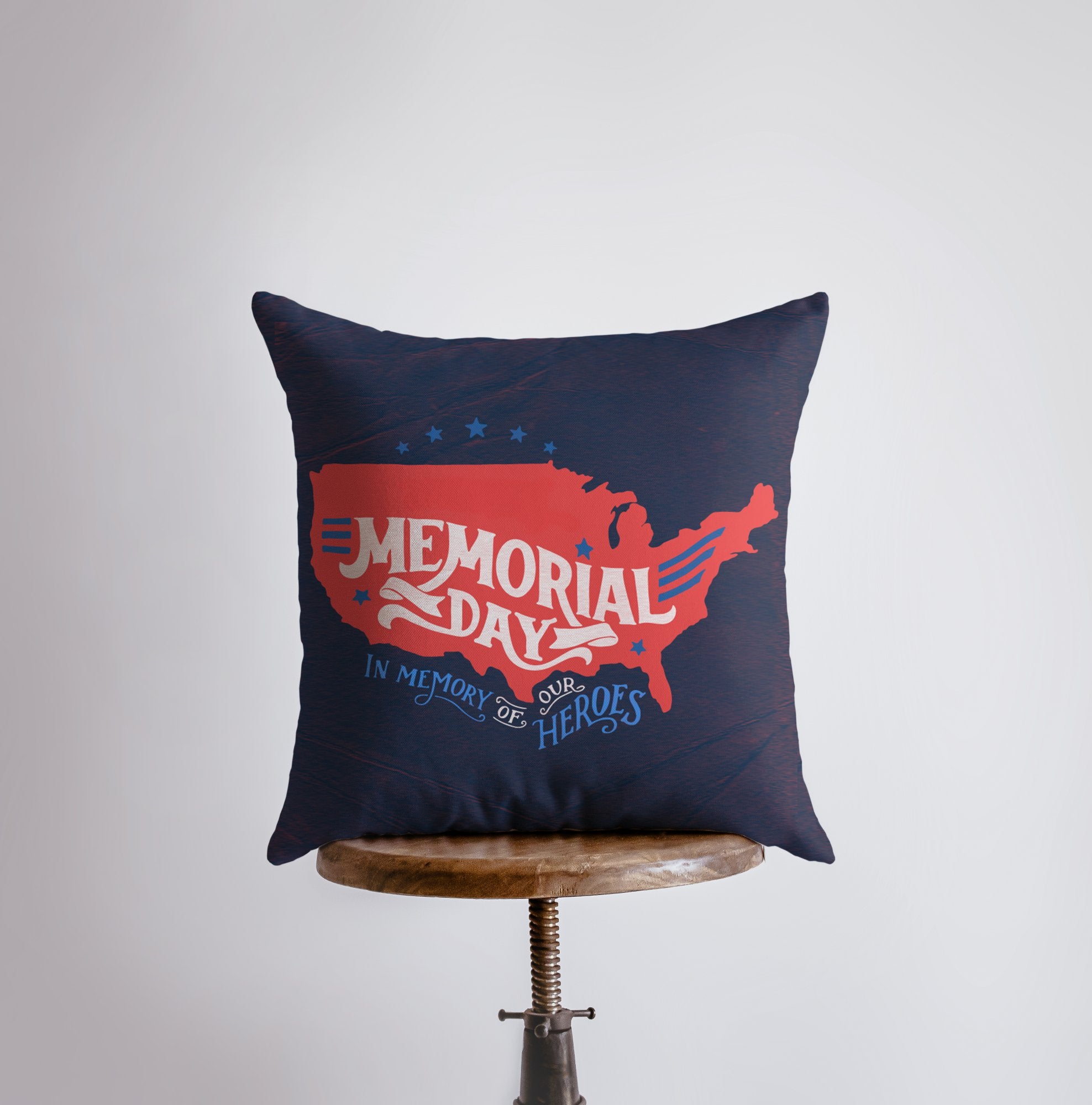 Handmade Memorial Day pillow cover featuring a red USA outline and blue stars on a navy background, showcasing a double-sided design.