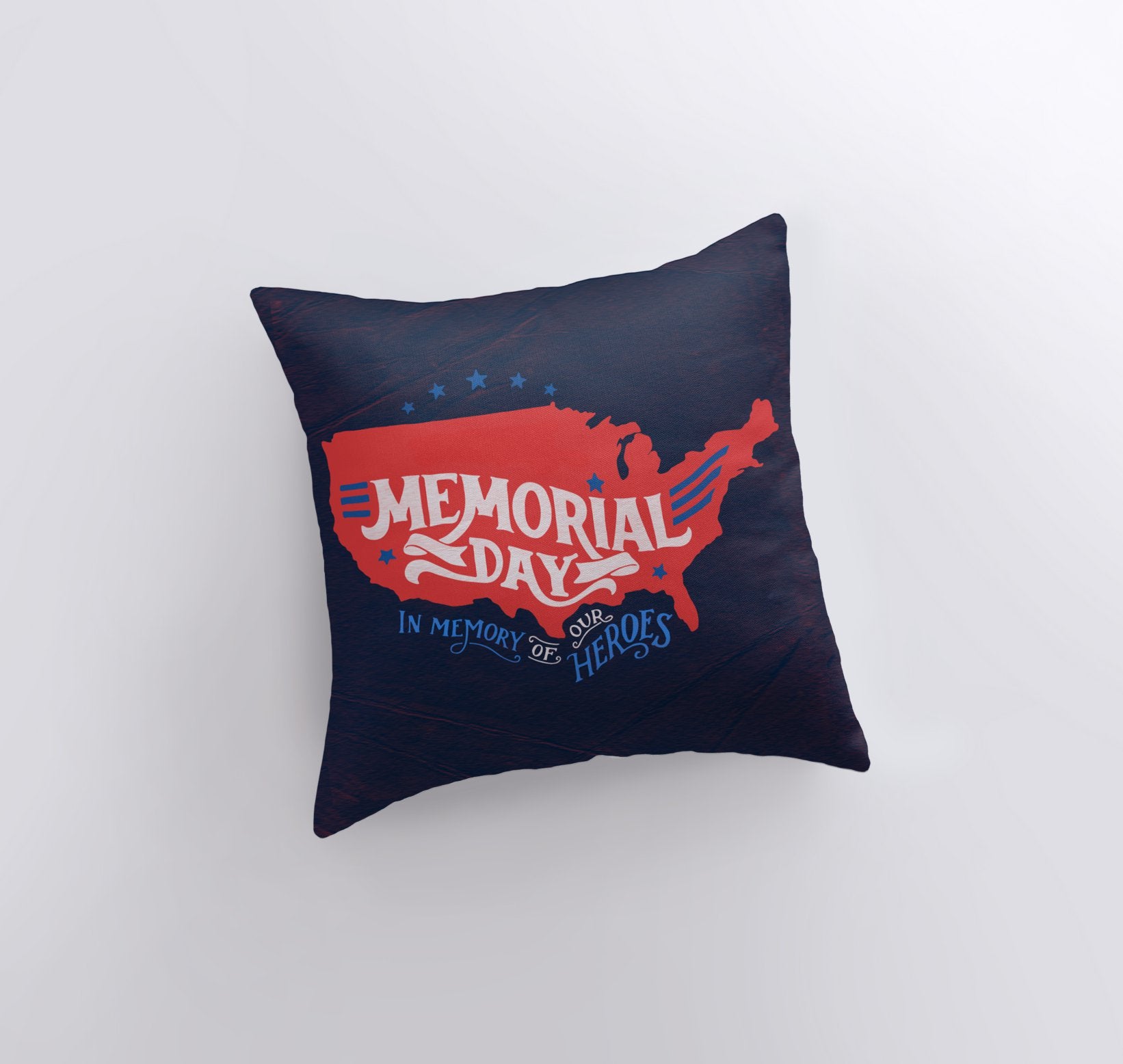 Handmade Memorial Day pillow cover featuring a red USA outline and blue stars on a navy background, showcasing a double-sided design.