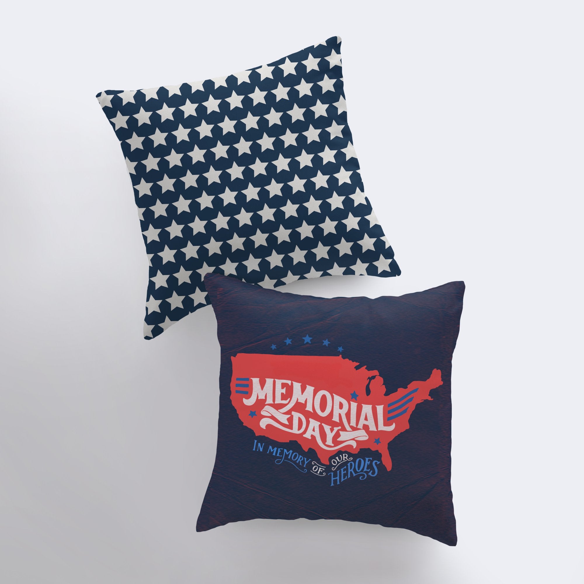 Handmade Memorial Day pillow cover featuring a red USA outline and blue stars on a navy background, showcasing a double-sided design.