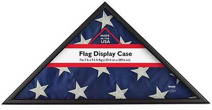 Black wood memorial flag case holding a folded American flag, featuring a glass cover and wall mountable design.