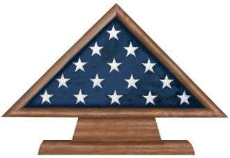 Memorial Flag Case Pedestal displaying a 5ft x 9.5ft cotton flag, crafted from solid walnut with an acrylic front and personalized engraved plate.