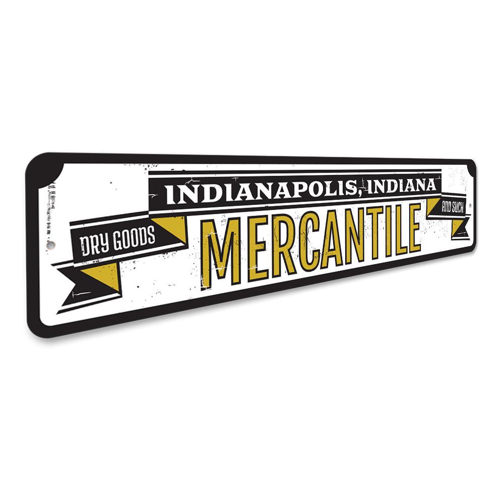 Mercantile Dry Goods Sign made of high-quality aluminum, featuring customizable text and pre-drilled holes for easy mounting.