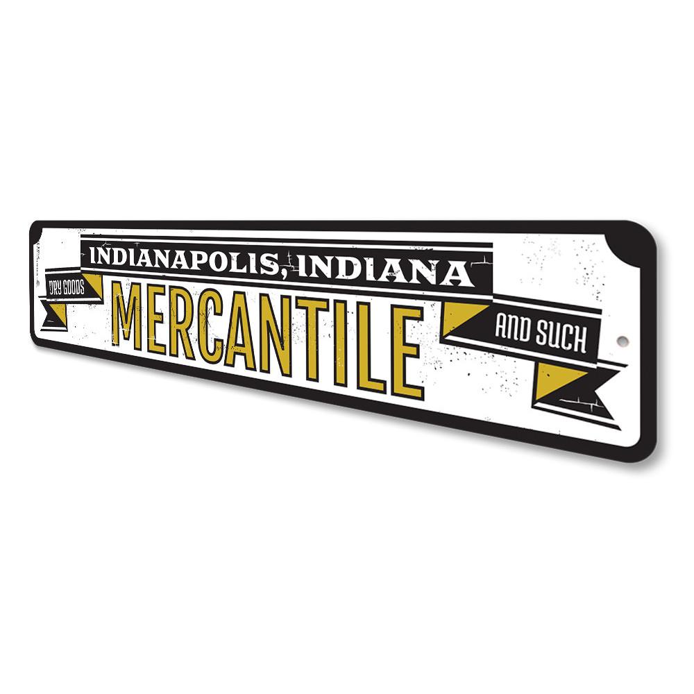 Mercantile Dry Goods Sign made of high-quality aluminum, featuring customizable text and pre-drilled holes for easy mounting.
